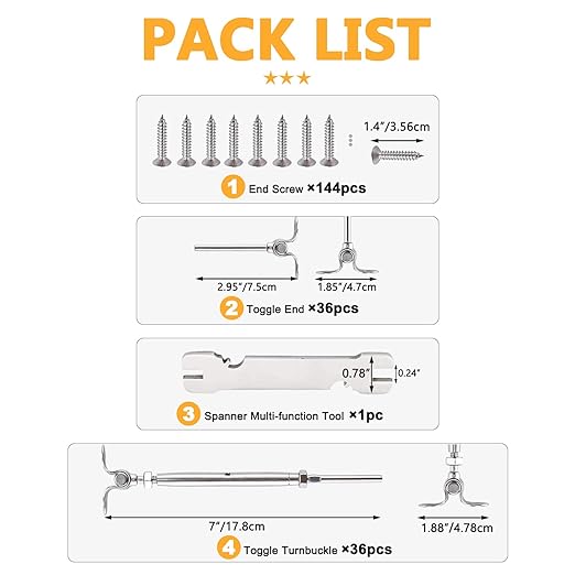 WAYSKA 36 Pairs Stainless Steel Cable Railing Kit Fit 1/8" Wire Rope, Angle 180°Adjustable Swage Toggle Turnbuckle Tensioner and End Fitting, T316 Marine Grade Cable Railing Hardware for Wood Post