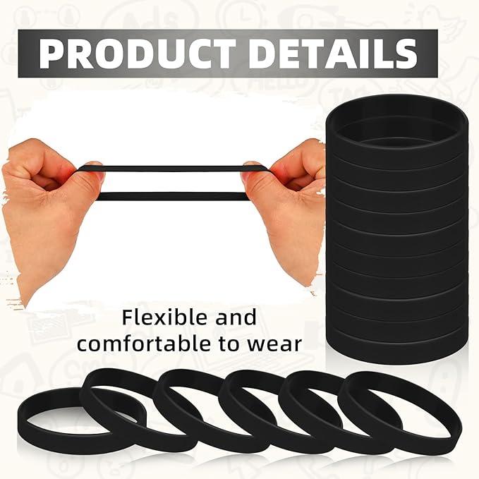 100 Pieces Blank Rubber Bracelets Sport Elastic Band, Ssolid Color Silicone Wristband Unisex For Event, Teen-Black
