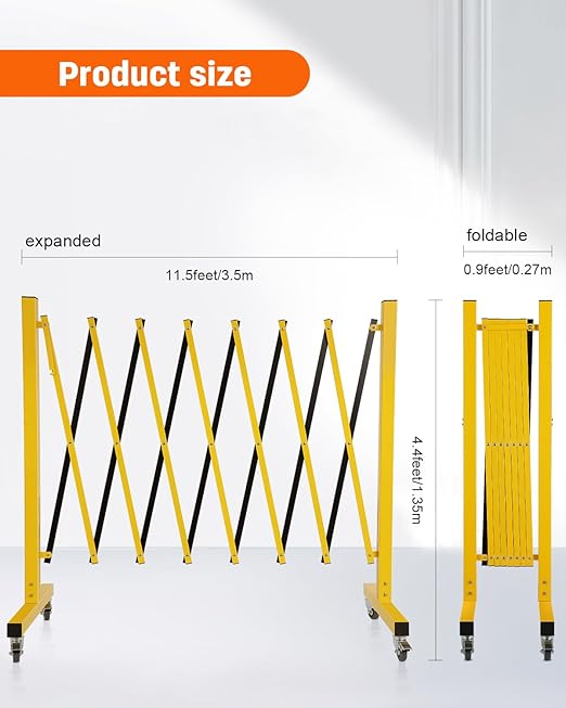 GCCSJ Industrial Expandable Metal Barricade with Wheels, 11.5 Feet Long Folding Security Gate, Retractable Metal Barrier for Construction Site Elevator Traffic Control Garage, Yellow and Black