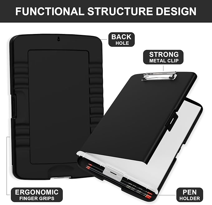 Plastic Clipboard with Storage, 8.5 x 11 Storage Organization Box Side-Opening, Heavy Duty Clip Board with Pen Holder and Paper Folder for Nurses, Teachers, Office & School Supply, Black