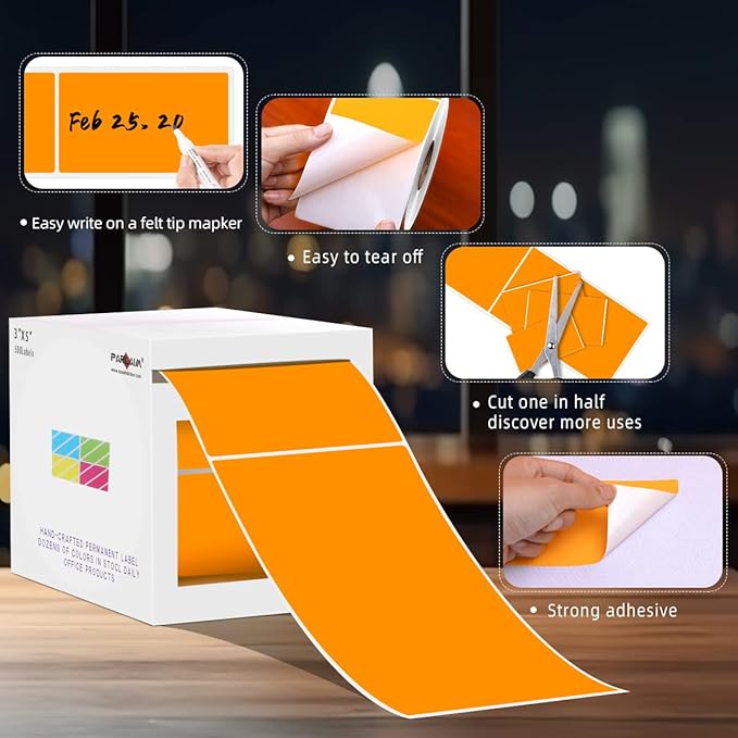 PARLAIM 3" x 5" Rectangle Adhesive Color Code Stickers,500 per Dispenser Box Roll Square Label Inventory Stickers (Fluorescent Orange)