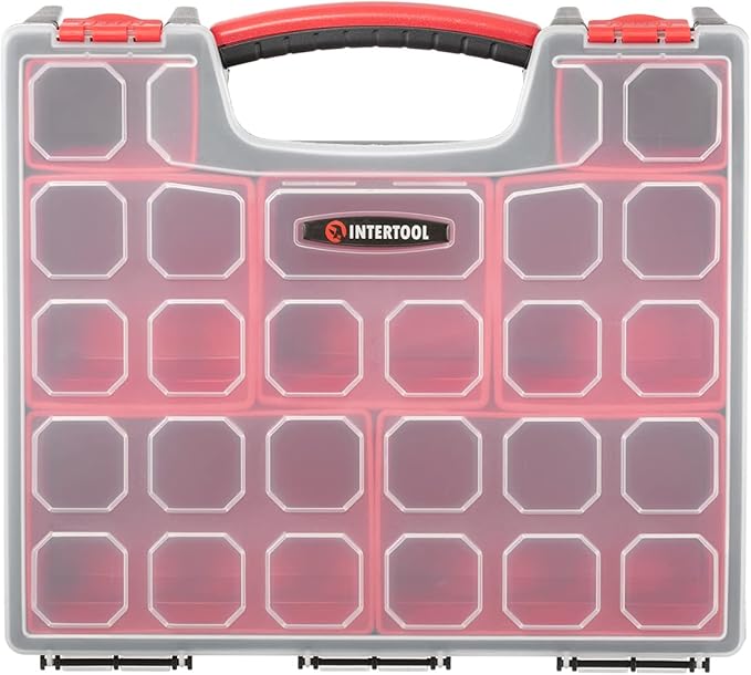 INTERTOOL Hardware Organizer with 7 Deep Removable Bins - Small Parts Storage Tool Box for Nuts, Bolts, Screws, Nails - Portable Handle Transparent Lid with Locks BX08-4032