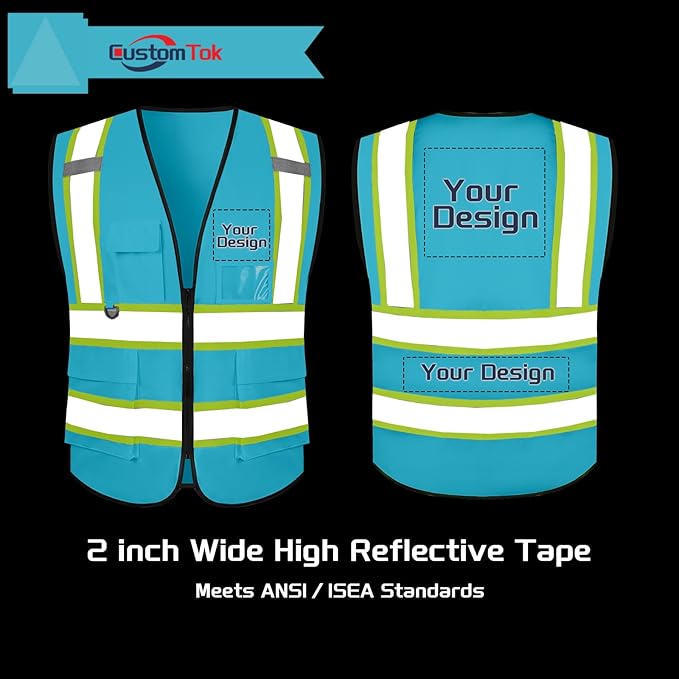 Custom Safety Vest with Logo Pockets High Visibility Reflective Vests Construction Security Workwear