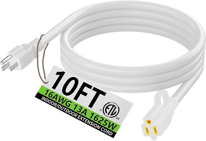 HUANCHAIN Indoor Outdoor White Extension Cord 10 ft Waterproof, 16/3 Gauge Flexible Cold-Resistant Appliance Extension Cord Outside, 13A 1625W 16AWG SJTW, 3 Prong Electric Cable, ETL