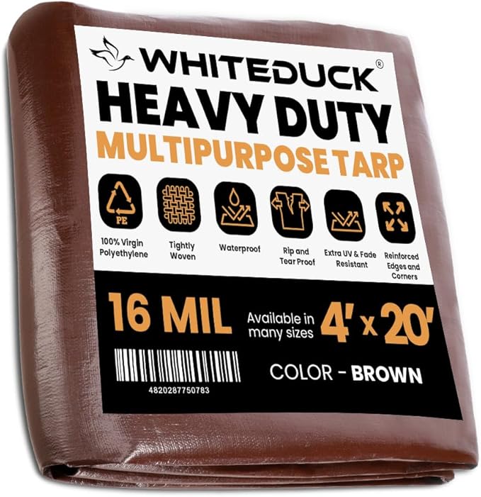 WHITEDUCK Super Heavy Duty Poly Tarp Cover 16 Mil & 10 Mil with Grommets and Reinforced Edges (Brown, White & Silver Black) (Brown- 16 Mil, 4' x 20')