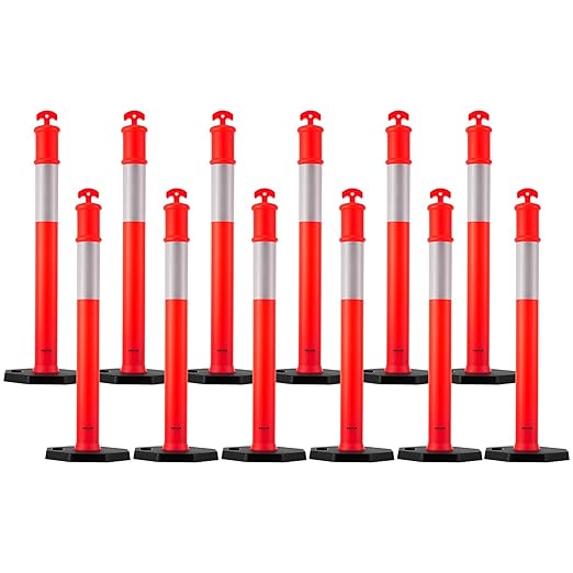 VEVOR 12 Pack Traffic Delineator Posts, 48 inches Traffic Safety Cones with Weighted Base and Reflective Strips, Heavy Duty Delineator Posts for Construction Site, Parking Lot, Crowd Control, Red
