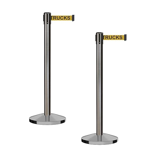 CCW Series RBB-100 - Set of 2 Stanchion Retractable Belt Barriers (11 Foot Belt, Yellow with"Danger - Forklift Trucks" Black Letters Belt with Satin Stainless Steel Post)