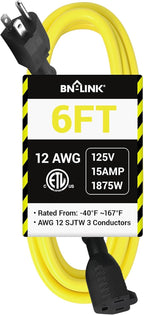 BN-LINK 6ft Outdoor Extension Cord, 12/3 SJTW Heavy Duty Power Cord, 3-Prong Grounded Plug, Weather Resistant, 15A, 1875W, Yellow, for Lawn, Garden, Appliances, ETL Listed