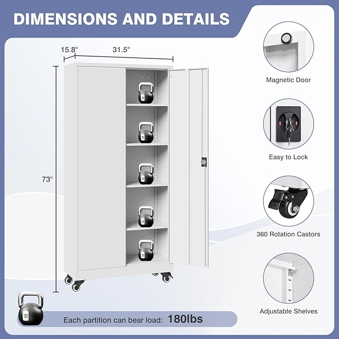 Metal Storage Cabinet with Wheels, Tall Garage Storage Cabinet with 4 Adjustable Shelves and 2 Doors, Lockable Tool Cabinet for Garage Home Office,Gym,School (White)