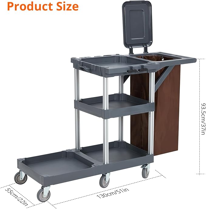 Commercial Janitorial Cart on Wheels, 3-Shelf Cleaning & Housekeeping Cart with Cover and Vinyl Bag for Hotels, Schools, and Business