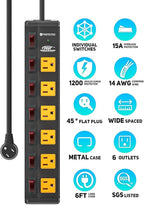 CRST 6 Outlet Metal Heavy Duty Power Strip with Individual Switches, 6FT Wall Mount Garage Power Strip, Surge Protector (1200 Joules), 15amp/1875W, 14AWG SJT Power Cord