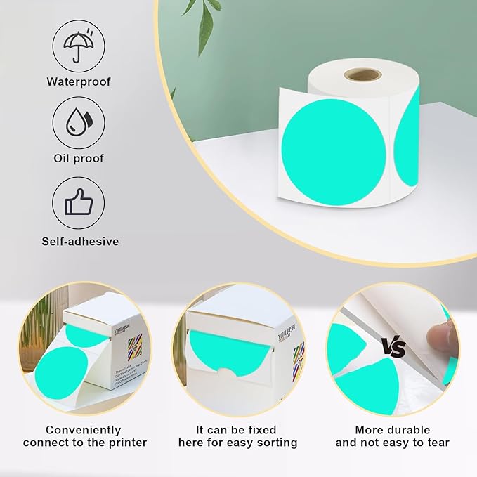3 X 3 Inch Color Coding Dot Labels Circle Thermal Printable Waterproof 500 Pcs Round Stickers Adhesive Writable for Office, Home, Garage, DIY Sticker, Barcodes, Name Tag, Watercolor Green