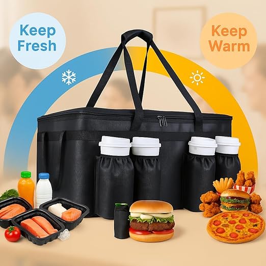Insulated Food Delivery Bag with 4 Cup Holders, XXX-Large Grocery Bags Keep Food Hot/Cold, Catering Cooler Bags with Drink Carrier, Commercial Food Warmer for Transport & Shopping, Black