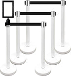 Retractable Stanchion, 6 SPECIALTY Posts + Signframe, 36" Ht, 78" Special Event & Holiday Theme Belt + Bonus Replacement Cassettes + Wall Receiver (WHT Post/Black Belt)