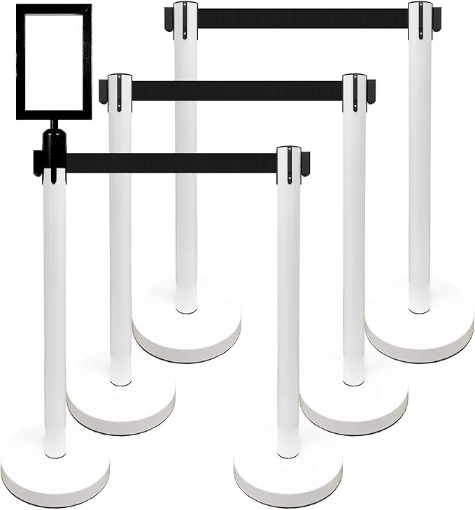 Retractable Stanchion, 6 SPECIALTY Posts + Signframe, 36" Ht, 78" Special Event & Holiday Theme Belt + Bonus Replacement Cassettes + Wall Receiver (WHT Post/Black Belt)