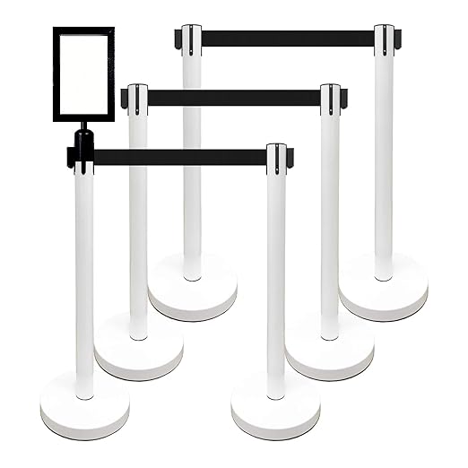 VIP Crowd Control Retractable Belt Stanchion Queue Safety Barrier Set, 36" Ht, 78" Belt + Wall Bracket (6 WHT Posts Black Belt + SFrame + WBracket)