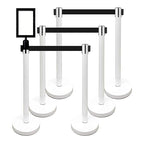VIP Crowd Control Retractable Belt Stanchion Queue Safety Barrier Set, 36" Ht, 78" Belt + Wall Bracket (6 WHT Posts Black Belt + SFrame + WBracket)