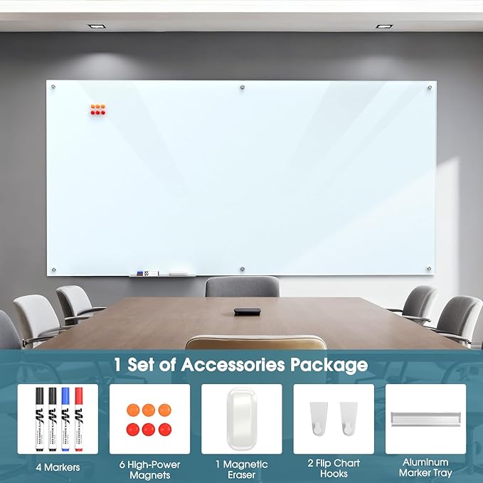 MaxGear Glass Whiteboard 96x48 Inches Wall Mounted, Magnetic White Board with 1 Eraser, 1 Accessory Tray, 4 Markers and 6 Magnets, Extra Large Frameless Dry Erase Board for Office, School, Home