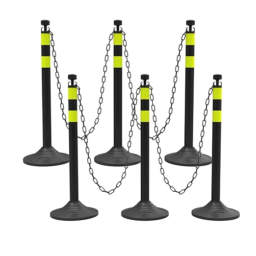6 Pack Traffic Delineator Post Cones with Plastic Chain Crowd Control Barriers - Expandable 40" Traffic Control Cones, 6 x 6.6 Ft Chains for Indoor & Outdoor Use (Black-Rubber Base)