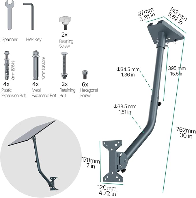for Starlink Gen 3 Roof Mount, Aluminum Alloy Starlink Standard V3 Mounting Kit with Starlink Gen 3 Pipe Adapter, Angle Adjustable (Curved Lengthen)