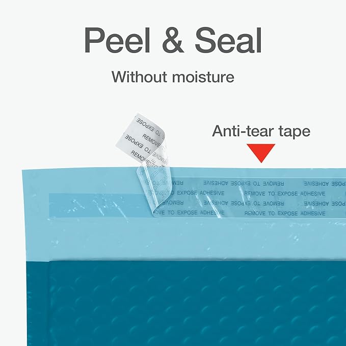 Quality Park Bubble Mailers, 4 x 8 Shipping Envelopes, Self-Seal, Small Blue Padded Envelopes, Redi-Strip Peel Off Closure, 50 Per Box (QUA85909)