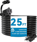 Kasonic 25 Feet Outdoor Extension Cord, ETL Listed, SJTW 16AWG/13A 3 Prong Power Cord Extension for Home or Office Use, Black