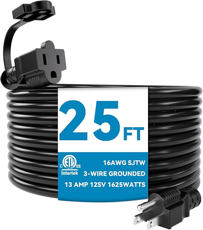 Kasonic 25 Feet Outdoor Extension Cord, ETL Listed, SJTW 16AWG/13A 3 Prong Power Cord Extension for Home or Office Use, Black