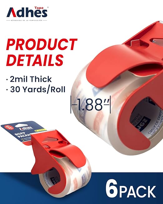 ADHES No Noise Clear Packing Tape with Dispenser, 6 Pack 1.88 Inch x 30 Yards, 2.0mil Heavy Duty Shipping Tape Strong & Durable Packaging Tape for Shipping, Moving, Mailing and Sealing