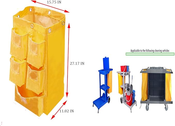 Replacement Janitorial Cart Bag with 5 Pockets,25 Gallon Housekeeping cart Bag High Capacity Waterproof Thickened Commercial Janitorial Cleaning Cart Bag with 6 Brass Grommets (Yellow with 5 Pockets)