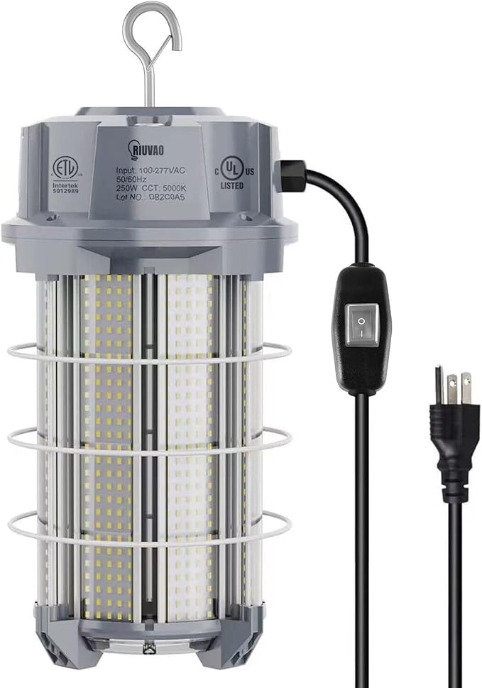 250W LED Temporary Work Light 37,500 Lumen Construction Lights 5000K LED Work Light with Stainless Steel Shield and Hook for Indoor Outdoor Job Site Lighting