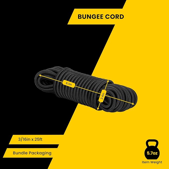Bungee Cord Elastic Shock Cord 3/16" x 25' Bungee Rope for DIY, Tie Downs, Kayak and Outdoor - Black