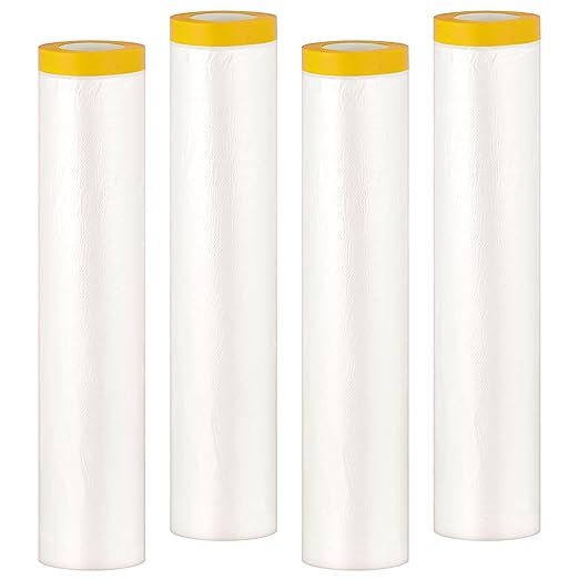 Pre-Taped Masking Film, 4 Rolls 8.8 x 65 Feet Plastic Sheeting, Painters Drop Cloth for Automotive, Furniture, and Appliance Protection