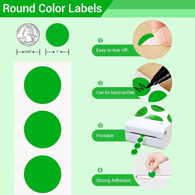 1 Inch Circle Dot Stickers 1000 PCS Color Coding Thermal Labels Dots Writable Printable Small Round Stickers for Office, Classroom, Inventory, Garage, Organizing Storage, DIY, Green