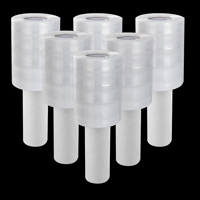 6 Pack Stretch Wrap Film with Handle, 80 Gauge Thick Industrial Strength Hand Stretch Wrap, 4" x 1000 Ft Plastic Pallet Shrink Film Heavy Duty Self-Adhering Plastic Wrap for Packing, Moving