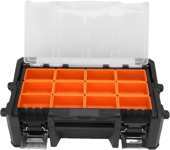 WALFRONT Electronic Tool Box Small Parts Organizer, 18 Compartment Dual Layer PP Aluminum Alloy Storage for Garage and Outdoor Tasks
