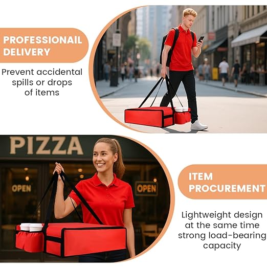 Insulated Pizza Delivery Bag with 4 Cup Holders, 24" x 6" Pizza Warmer Bag for Hot Pizza/Drinks, Pizza Carrier for Events, Large Food Delivery Carrier for Transport/Shopping/Catering, Red