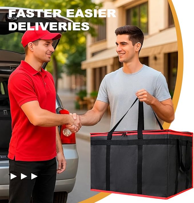 mosago Insulated Food Delivery Bag - Reusable Thermal Cooler Grocery Bags for Catering&Delivery, Pizza Carrier for Events, Large Capacity Bag Keeps Food Hot/Cold, Commercial (Black with Red Trim, 1PK)