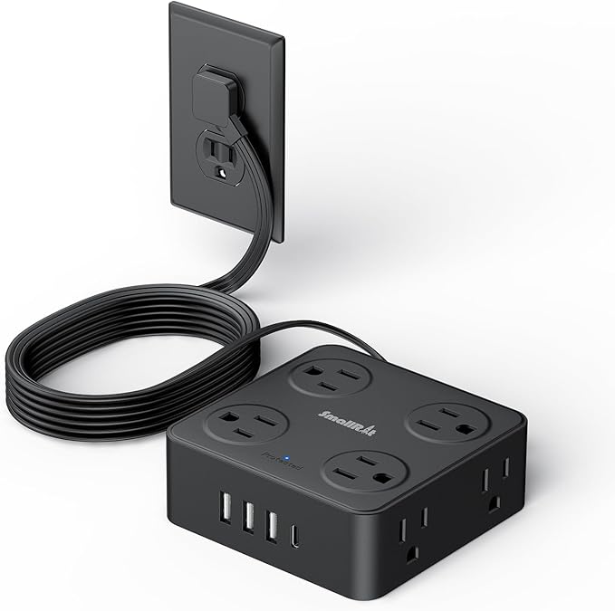 6.5Ft Power Strip with Surge Protector, 8 Outlets 4 USB Ports Extension Cord, Flat Plug Charging Station for Home Office Desk & College Dorm Essentials, Black
