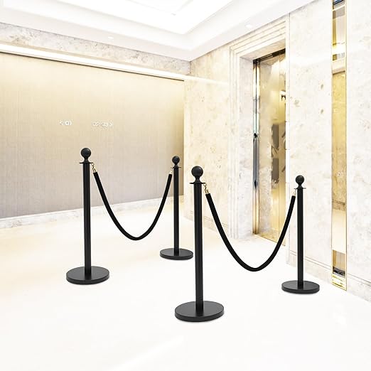 Crowd Control Stanchion Set, 4 Packs Stanchion Set with 4.92 ft/1.5 m Black Retractable Belt and 2 Ropes, Black Crowd Control Barrier for Theaters, Parties, Wedding, Exhibition
