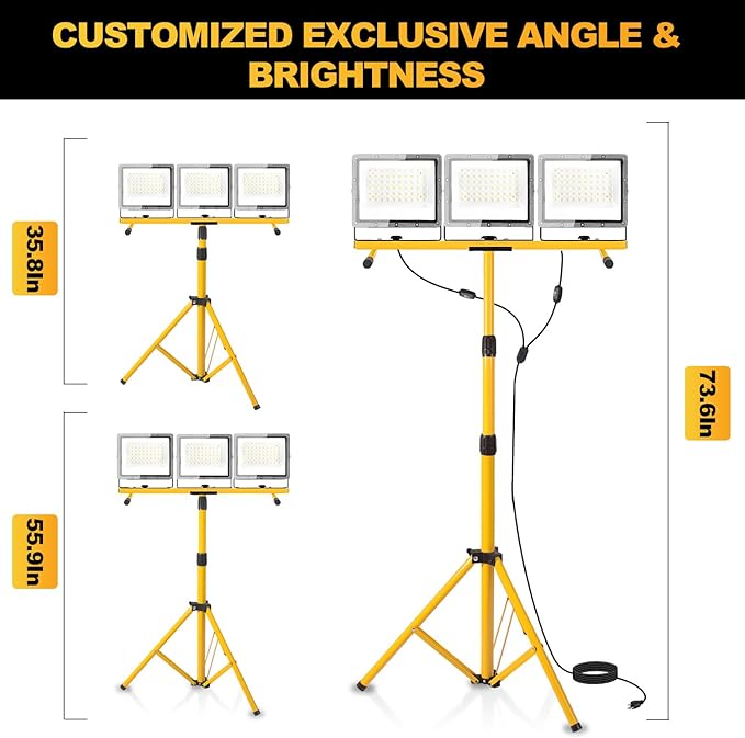 27000 Lumen LED Work Light with Stand, 3-Head Adjustable Tripod Lights with 16.5FT Extended Cord, IP65 Waterproof Work Lamp for Indoor & Outdoor Job Sites, Workshops, Construction, Garage Lighting