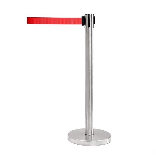 VIP Crowd Control Retractable Belt Stanchion Queue Safety Barrier Set, 36" Ht, 78" Belt + Wall Bracket (6 Satin Stainless Posts Red Belt + SFrame + WBracket)