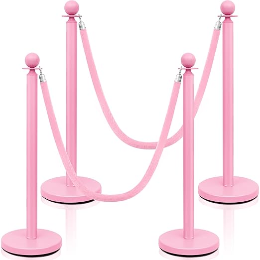 Ferraycle 4 Pcs Stainless Steel Stanchions Post Queue 38 Inch, 5 ft Velvet Rope Carpet Ropes and Pole, Control Barriers for Wedding Birthday Party Decoration Sand Injection Hollow Base Set (Pink)