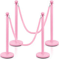 Ferraycle 4 Pcs Stainless Steel Stanchions Post Queue 38 Inch, 5 ft Velvet Rope Carpet Ropes and Pole, Control Barriers for Wedding Birthday Party Decoration Sand Injection Hollow Base Set (Pink)