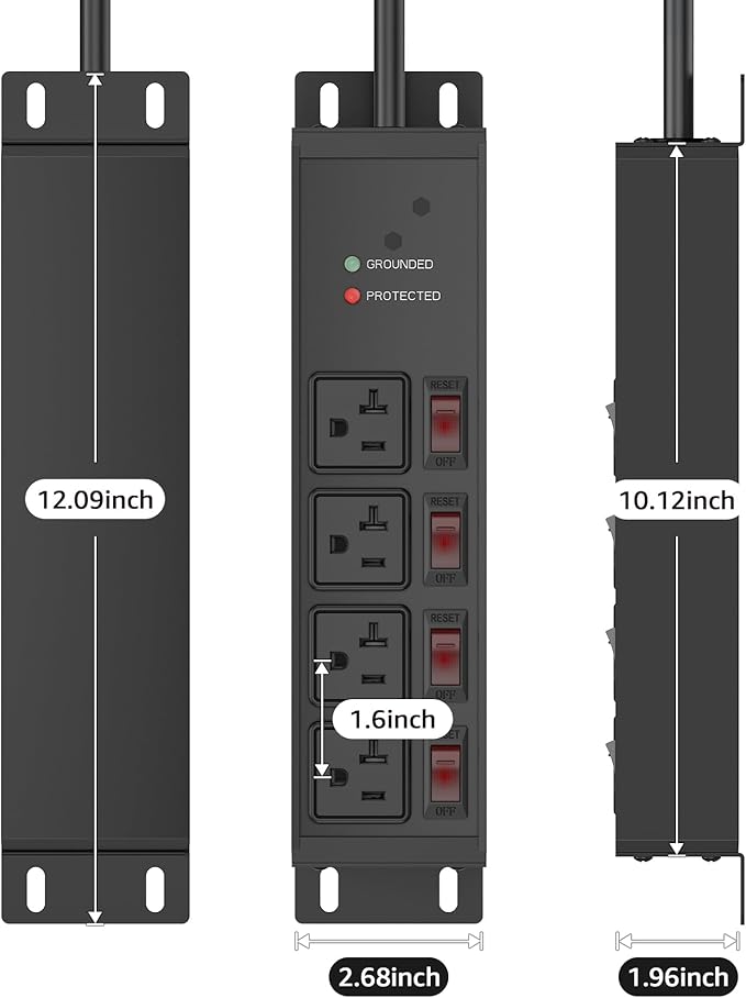 CCCEI Heavy Duty Surge Protector Power Strip 20 Amp Individual Switches. 4FT 12 Gauge Extension Cord with Multiple Outlets. Kitchen, Garage, Shop, Industrial Wall Mount Electric Extender, Black.