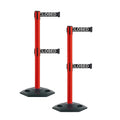 Montour Line MSR630D Set of 2 Retractable Belt Barrier Stanchion, Heavy-Duty Rubber Base, Red Post (9 ft Black with"This LINE Closed" White Letters Dual Belt)