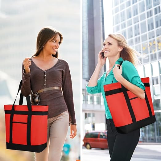 Insulated Reusable Tote Bag for Grocery Shopping for Women, Pizza/Food Delivery Bag to Keep Food Cold/Hot for Commercial Food Transport, Cooler bags for Travel/Beach/Picnic, Non-Waterproof, Red