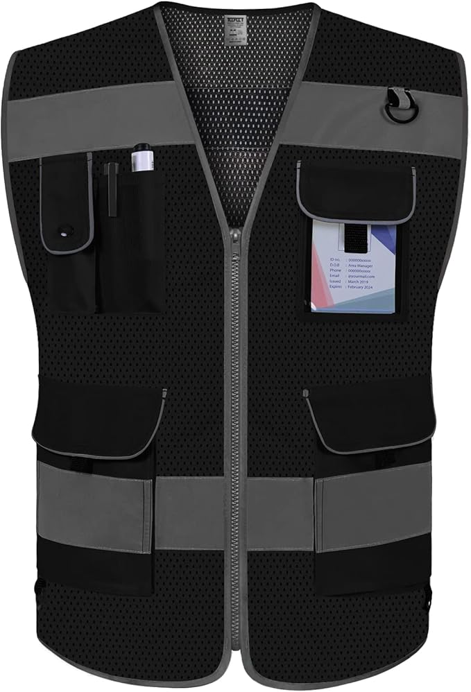 TCCFCCT Mesh High Visibility Safety Vest for Men Women 9 Pockets Hi Vis Reflective Vest for Safety, Work Vest with Reflective Strips, Meets ANSI/ISEA Standards, (Black, 4X-Large)