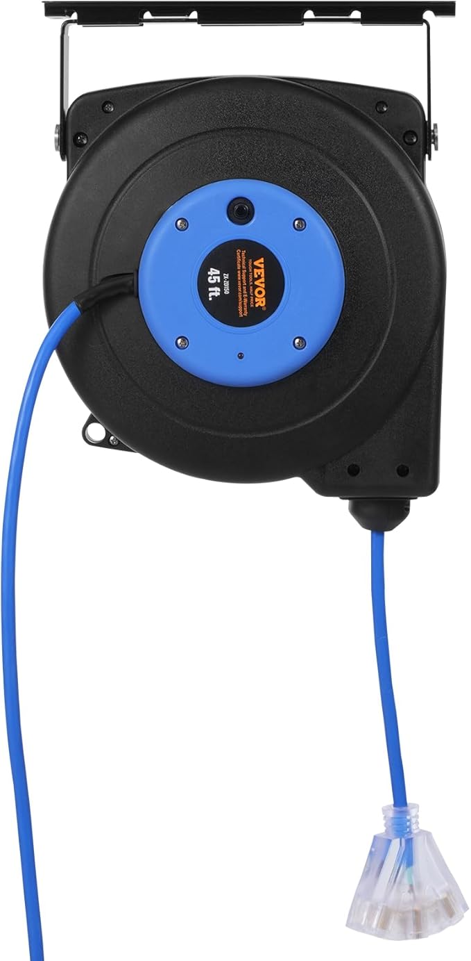 VEVOR Retractable Extension Cord Reel, 45 FT, Heavy Duty 12AWG/3C SJTOW Extension Power Cord with Lighted Triple Tap Outlet, 15A Circuit Breaker 180° Swivel Bracket for Ceiling or Wall Mount, Blue