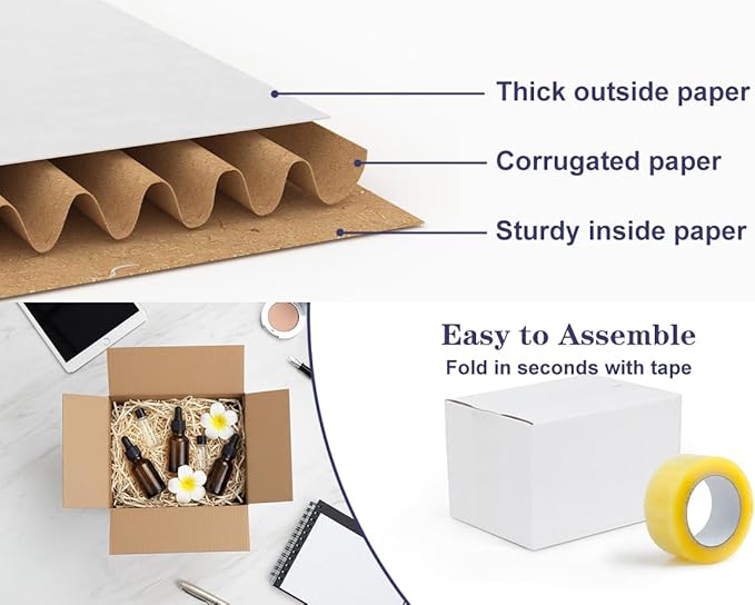 6 Pack Shipping Boxes 8x6x6 Inches, White Corrugated Cardboard Mailing Box for Packing, Mailing, Small Business