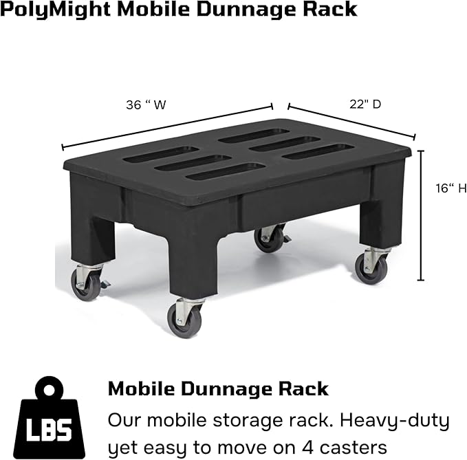 PolyMight Mobile Heavy-Duty Poly Dunnage Rack with Caster Wheels for Warehouses and Commercial Industrial Storage 36" x 22" x 16" with 600 lb Capacity